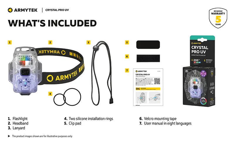 Lampe Frontale Armytek Crystal PRO UV – 200 Lumens - Lumière Blanche/Rouge/Verte/Bleu/UV  NYCTALOPE  