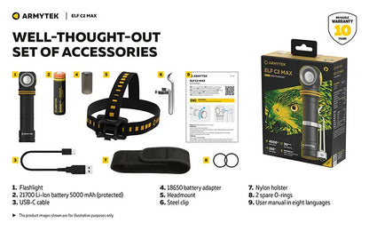 Lampe Frontale Armytek Elf C2 Max 4500 Lumens - Faisceau Large 150° - 4 en 1 - Rechargeable USB-C  NYCTALOPE  