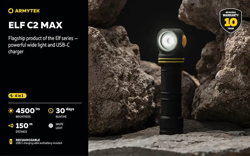 Lampe Frontale Armytek Elf C2 Max 4500 Lumens - Faisceau Large 150° - 4 en 1 - Rechargeable USB-C  NYCTALOPE  