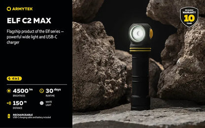 Lampe Frontale Armytek Elf C2 Max 4500 Lumens - Faisceau Large 150° - 4 en 1 - Rechargeable USB-C  NYCTALOPE  