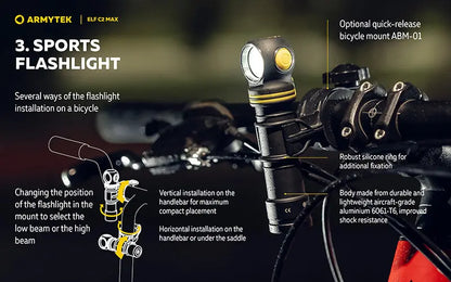 Lampe Frontale Armytek Elf C2 Max 4500 Lumens - Faisceau Large 150° - 4 en 1 - Rechargeable USB-C  NYCTALOPE  