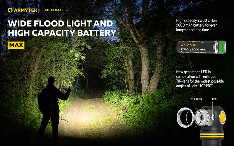 Lampe Frontale Armytek Elf C2 Max 4500 Lumens - Faisceau Large 150° - 4 en 1 - Rechargeable USB-C  NYCTALOPE  