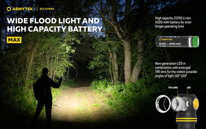 Lampe Frontale Armytek Elf C2 Max 4500 Lumens - Faisceau Large 150° - 4 en 1 - Rechargeable USB-C  NYCTALOPE  