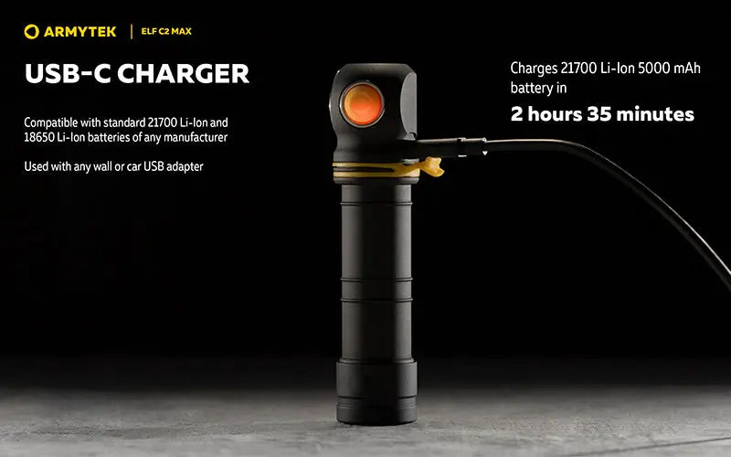 Lampe Frontale Armytek Elf C2 Max 4500 Lumens - Faisceau Large 150° - 4 en 1 - Rechargeable USB-C  NYCTALOPE  
