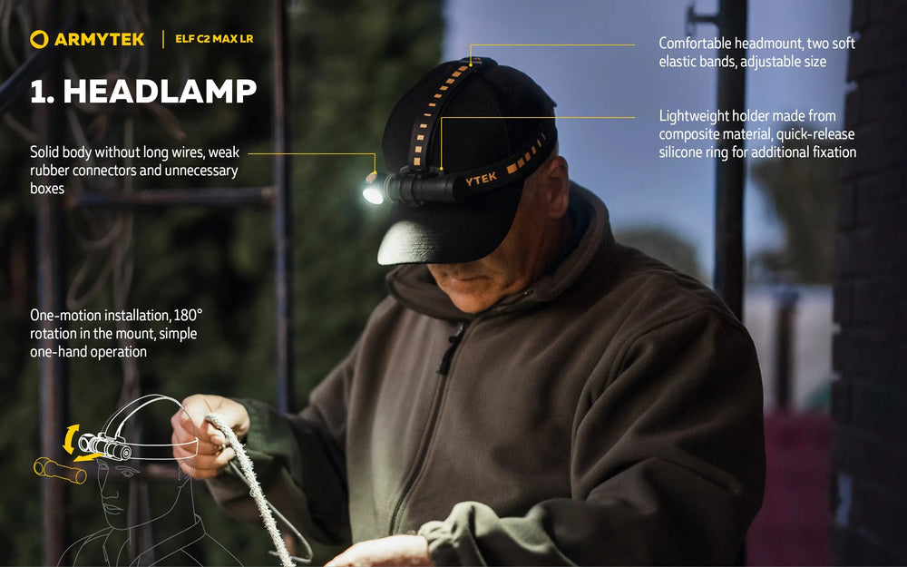 Lampe Frontale Armytek Elf C2 Max LR 4500 Lumens - Portée 235m Longue Distance - 4 en 1 - Rechargeable USB-C  NYCTALOPE  