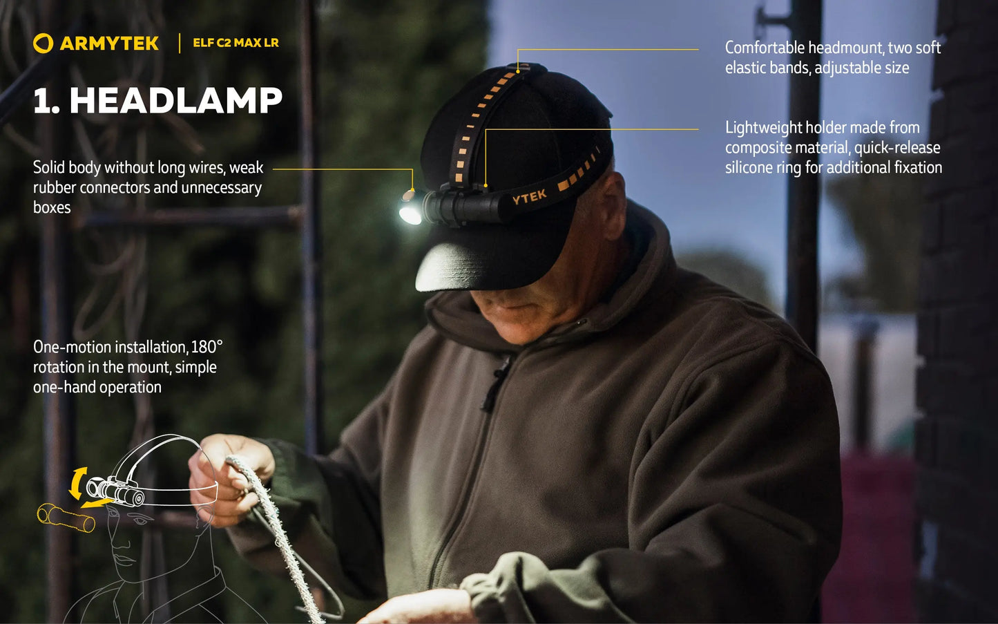 Lampe Frontale Armytek Elf C2 Max LR 4500 Lumens - Portée 235m Longue Distance - 4 en 1 - Rechargeable USB-C  NYCTALOPE  