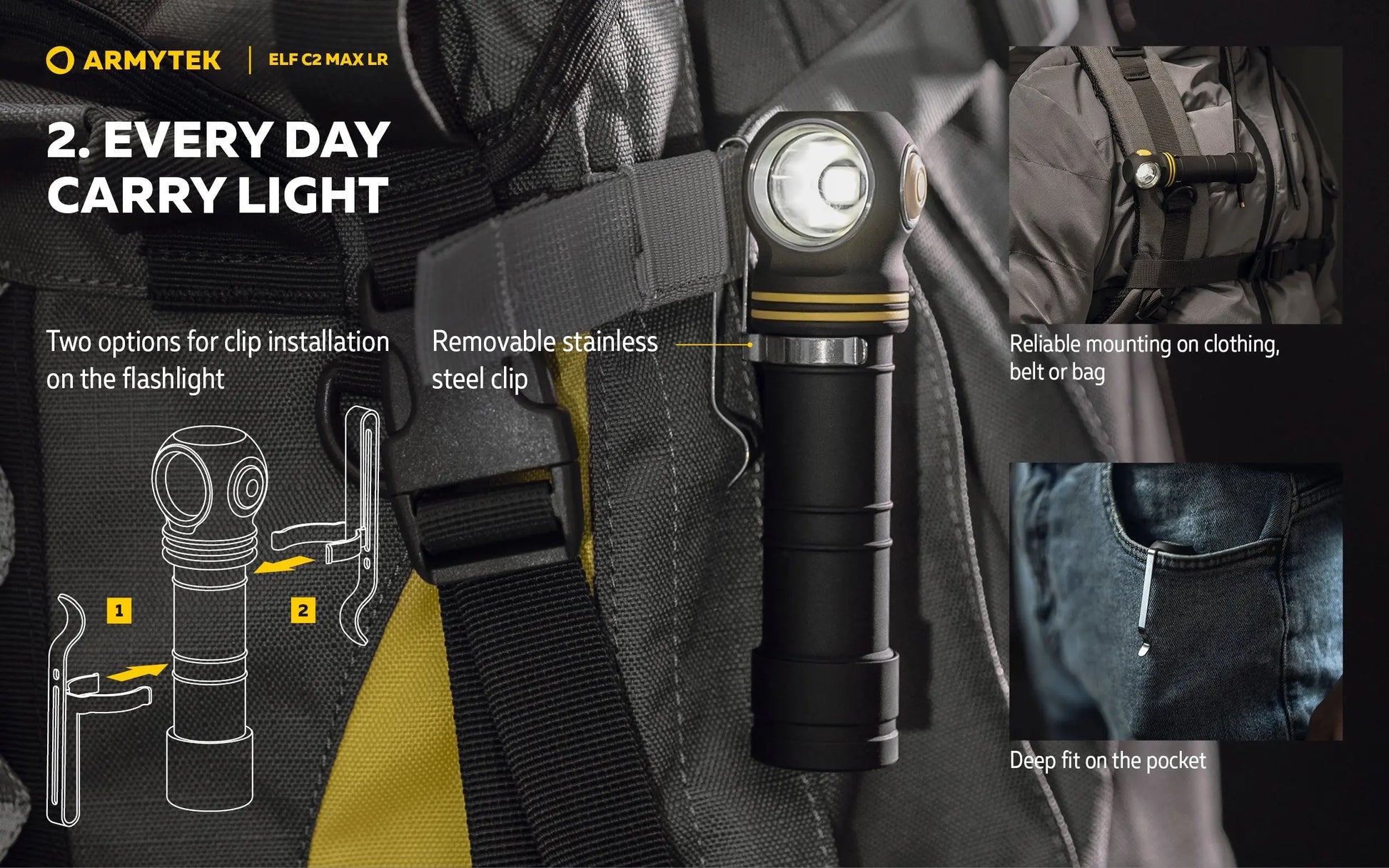 Lampe Frontale Armytek Elf C2 Max LR 4500 Lumens - Portée 235m Longue Distance - 4 en 1 - Rechargeable USB-C  NYCTALOPE  