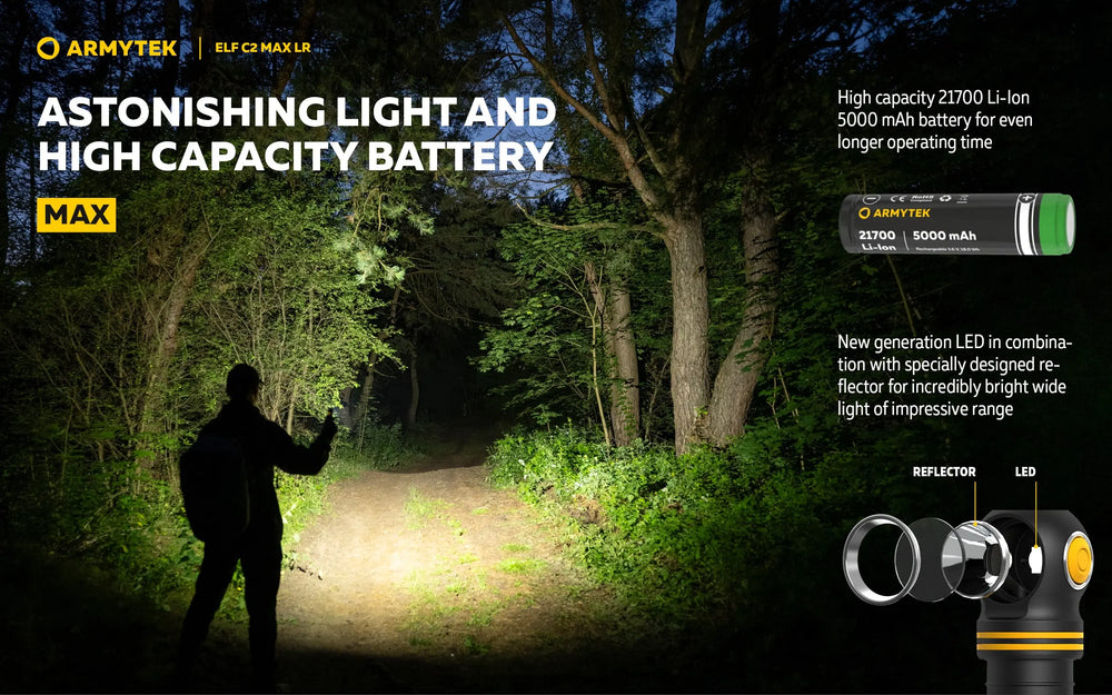 Lampe Frontale Armytek Elf C2 Max LR 4500 Lumens - Portée 235m Longue Distance - 4 en 1 - Rechargeable USB-C  NYCTALOPE  