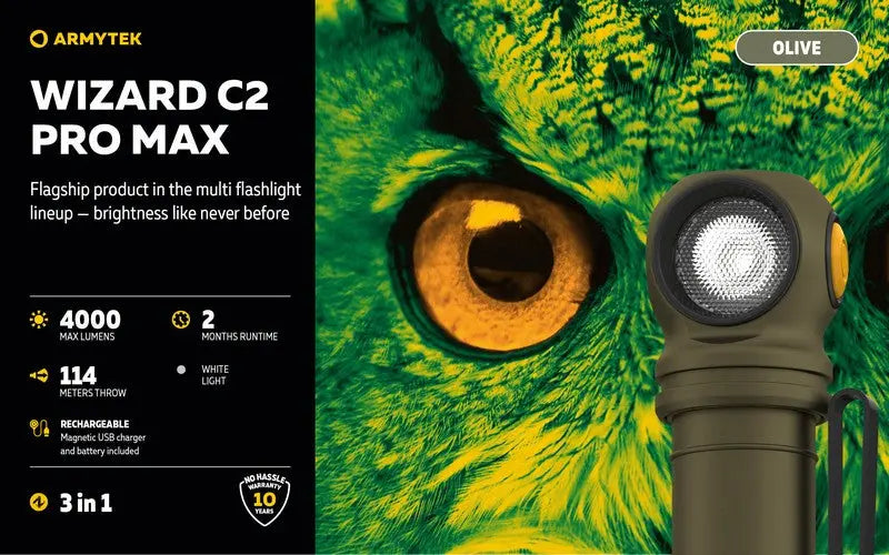 Lampe Frontale Armytek Wizard C2 PRO MAX OLIVE Magnet USB 4000 Lumens - rechargeable en USB  NYCTALOPE  