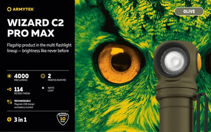 Lampe Frontale Armytek Wizard C2 PRO MAX OLIVE Magnet USB 4000 Lumens - rechargeable en USB  NYCTALOPE  