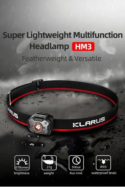 Lampe Frontale Klarus HM3 - 670 Lumens - Lumière rouge - rechargeable - Ultra légère  NYCTALOPE  