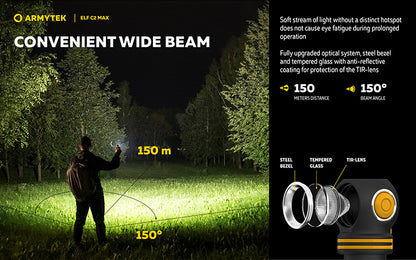 Lampe Frontale Armytek Elf C2 Max 4500 Lumens - Faisceau Large 150° - 4 en 1 - Rechargeable USB-C