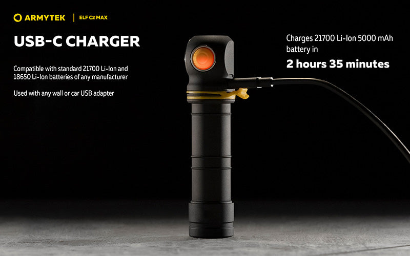 Lampe Frontale Armytek Elf C2 Max 4500 Lumens - Faisceau Large 150° - 4 en 1 - Rechargeable USB-C