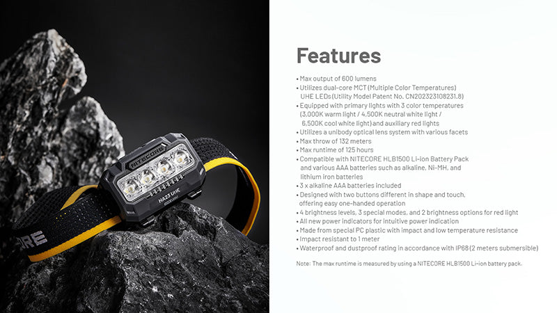 Lampe Frontale Nitecore HA23 UHE 600 Lumens - 3 températures de couleur - Double alimentation - IP68 - NYCTALOPE