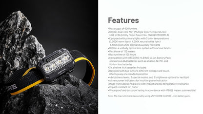 Lampe Frontale Nitecore HA23 UHE 600 Lumens - 3 températures de couleur - Double alimentation - IP68 - NYCTALOPE