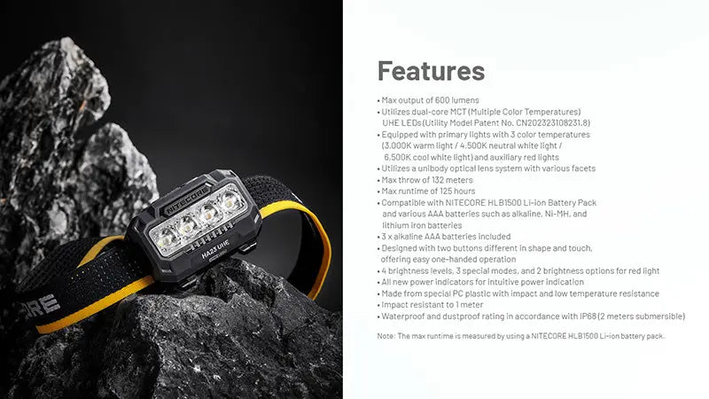 Lampe Frontale Nitecore HA23 UHE 600 Lumens - 3 températures de couleur - Double alimentation - IP68 - NYCTALOPE
