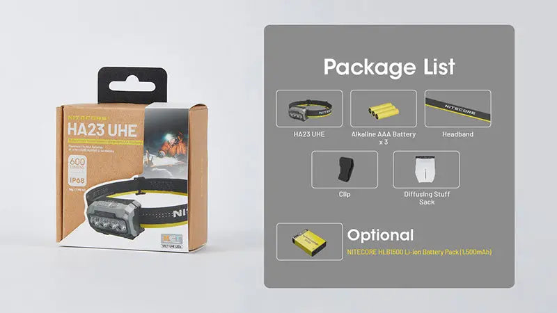 Lampe Frontale Nitecore HA23 UHE 600 Lumens - 3 températures de couleur - Double alimentation - IP68 - NYCTALOPE