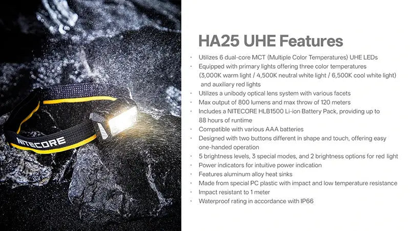 Lampe Frontale Nitecore HA25 UHE 800 Lumens - 3 températures de couleur - Double alimentation  NYCTALOPE  