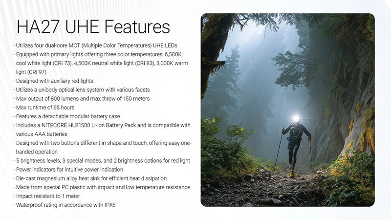 Lampe Frontale Nitecore HA27 UHE 800 Lumens - 3 températures de couleur - Triple alimentation