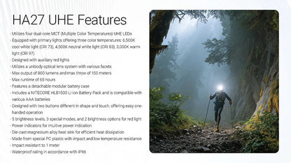 Lampe Frontale Nitecore HA27 UHE 800 Lumens - 3 températures de couleur - Triple alimentation