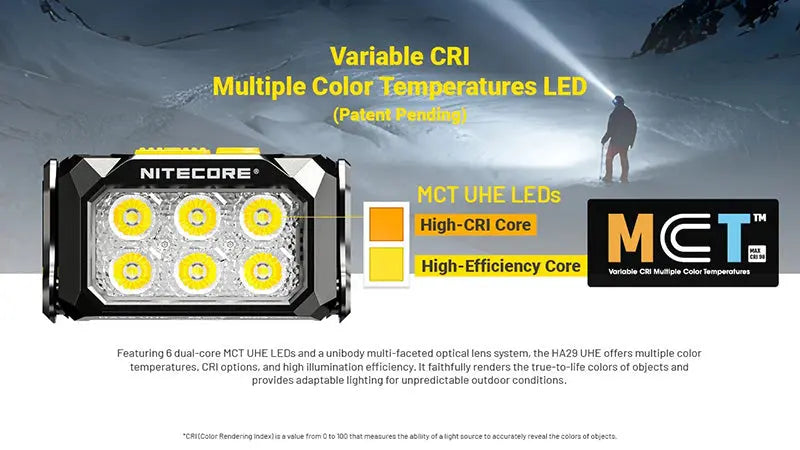 Lampe Frontale Nitecore HA29 UHE 1200 Lumens - Triple Température de Couleur - Basses Températures -40°C - Batterie HLB2500