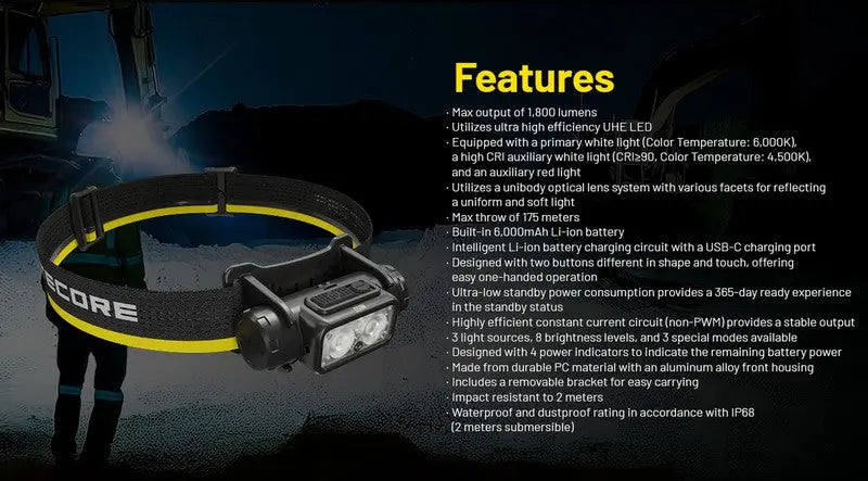 Lampe Frontale Nitecore NU53 - 1800 Lumens rechargeable  NYCTALOPE  