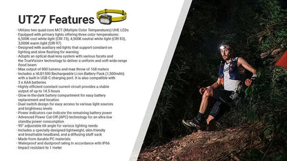 Lampe Frontale Nitecore UT27 - 800 Lumens livrée avec une batterie HLB1500 - version 2025  NYCTALOPE  
