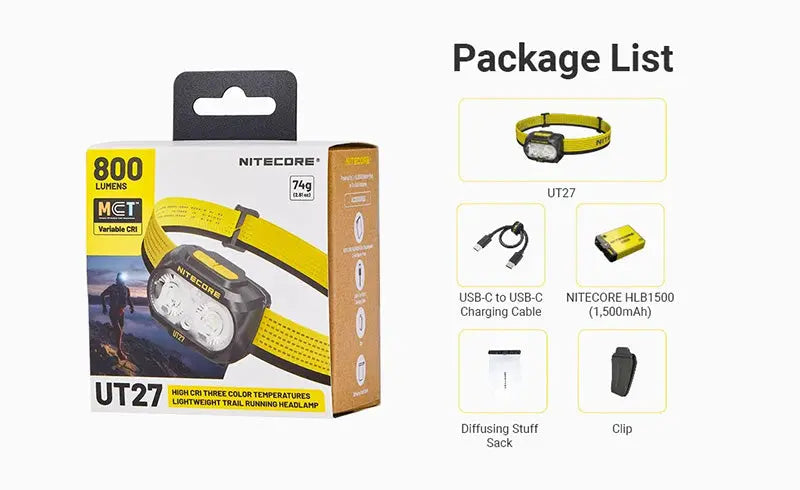 Lampe Frontale Nitecore UT27 PRO - 800 Lumens livrée avec 2 batteries HLB1500 - version 2025  NYCTALOPE  