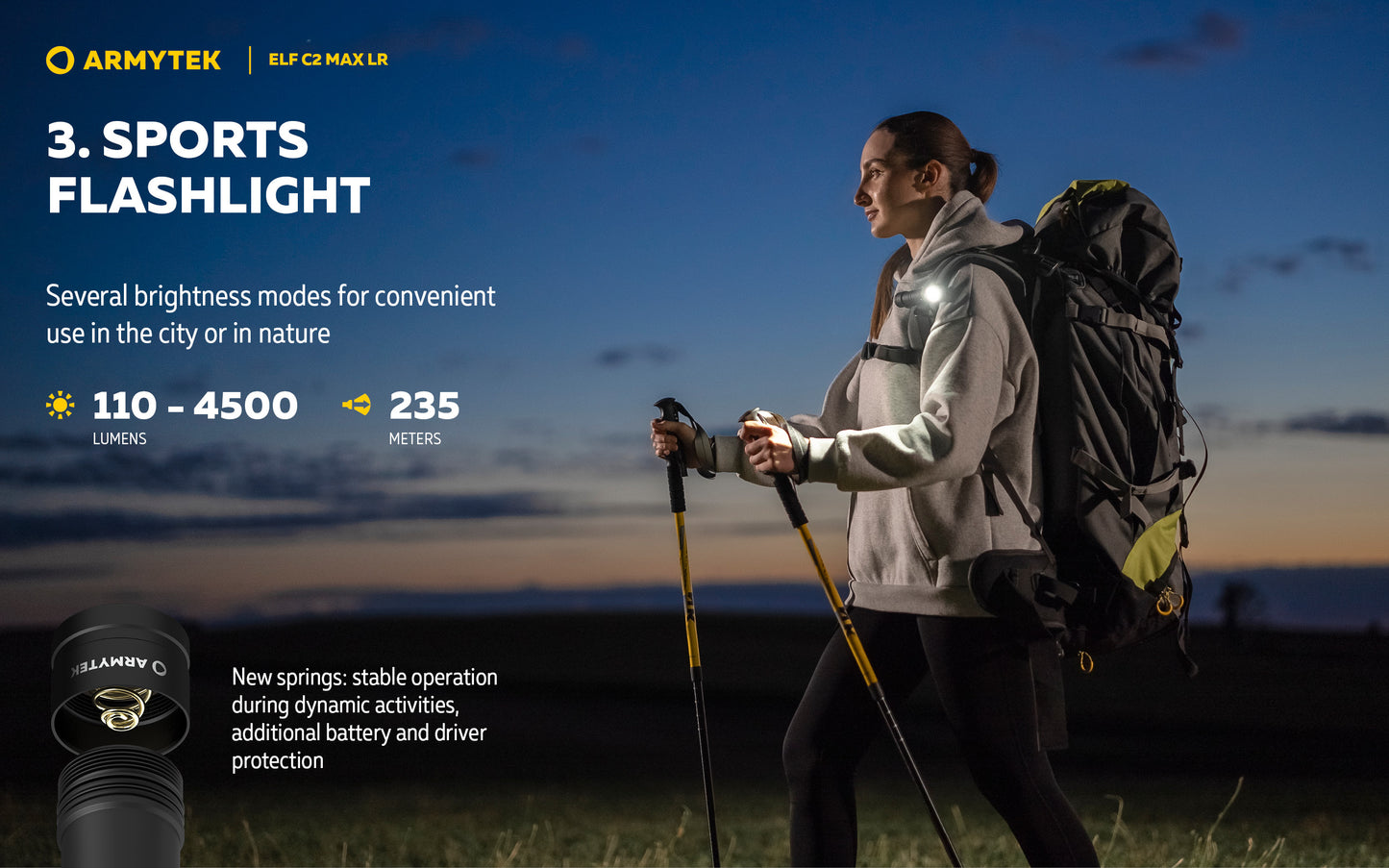 Lampe Frontale Armytek Elf C2 Max LR 4500 Lumens - Portée 235m Longue Distance - 4 en 1 - Rechargeable USB-C