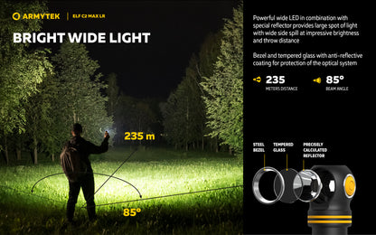 Lampe Frontale Armytek Elf C2 Max LR 4500 Lumens - Portée 235m Longue Distance - 4 en 1 - Rechargeable USB-C