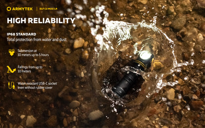 Lampe Frontale Armytek Elf C2 Max LR 4500 Lumens - Portée 235m Longue Distance - 4 en 1 - Rechargeable USB-C