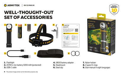 Lampe Frontale Armytek Elf C2 Max LR 4500 Lumens - Portée 235m Longue Distance - 4 en 1 - Rechargeable USB-C