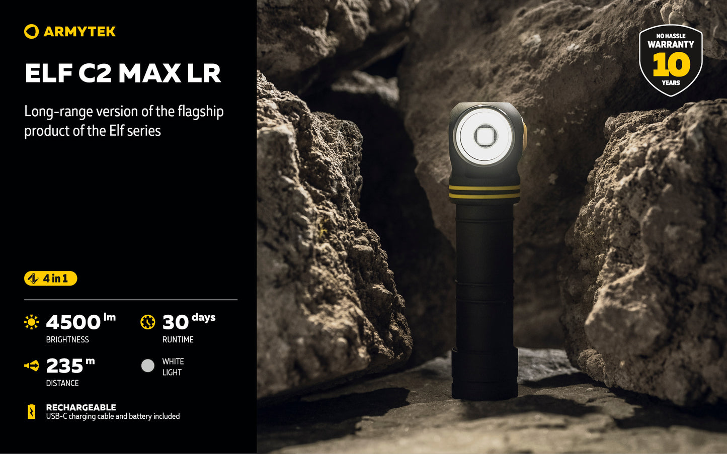 Lampe Frontale Armytek Elf C2 Max LR 4500 Lumens - Portée 235m Longue Distance - 4 en 1 - Rechargeable USB-C