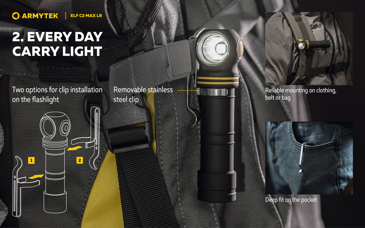 Lampe Frontale Armytek Elf C2 Max LR 4500 Lumens - Portée 235m Longue Distance - 4 en 1 - Rechargeable USB-C