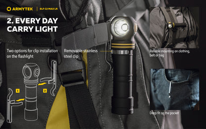 Lampe Frontale Armytek Elf C2 Max LR 4500 Lumens - Portée 235m Longue Distance - 4 en 1 - Rechargeable USB-C