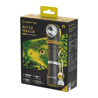 Lampe Frontale Armytek Elf C2 Max LR 4500 Lumens - Portée 235m Longue Distance - 4 en 1 - Rechargeable USB-C