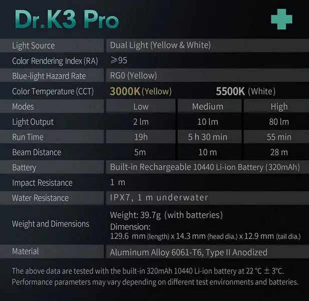 Lampe Nextorch DR K3 PRO - 80 Lumens blanc / Jaune - Lampe médicale rechargeable  NYCTALOPE  