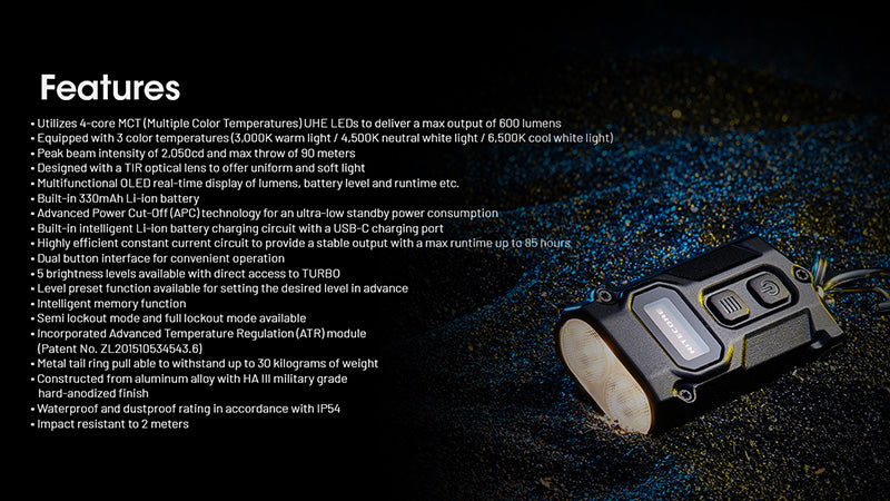 Lampe Porte-clés Nitecore Tini 3 600 Lumens - 3 températures de couleur - Écran OLED - Rechargeable USB-C - NYCTALOPE