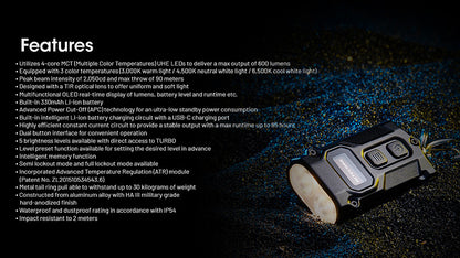 Lampe Porte-clés Nitecore Tini 3 600 Lumens - 3 températures de couleur - Écran OLED - Rechargeable USB-C - NYCTALOPE