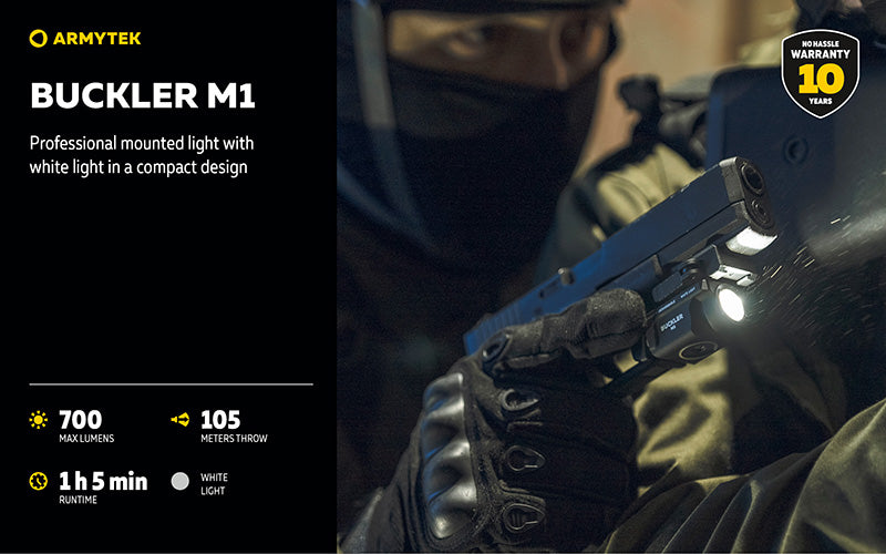 Lampe Tactique Armytek Buckler M1 700 Lumens - Montage Arme de Poing - Rechargeable Magnétique - IP67 - NYCTALOPE