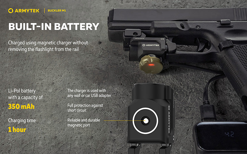 Lampe Tactique Armytek Buckler M1 700 Lumens - Montage Arme de Poing - Rechargeable Magnétique - IP67