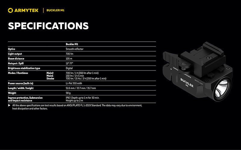 Lampe Tactique Armytek Buckler M1 700 Lumens - Montage Arme de Poing - Rechargeable Magnétique - IP67