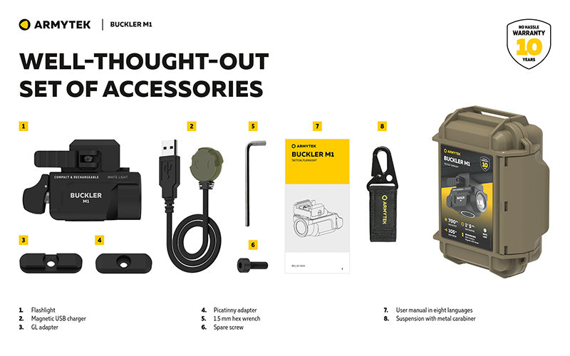 Lampe Tactique Armytek Buckler M1 700 Lumens - Montage Arme de Poing - Rechargeable Magnétique - IP67 - NYCTALOPE