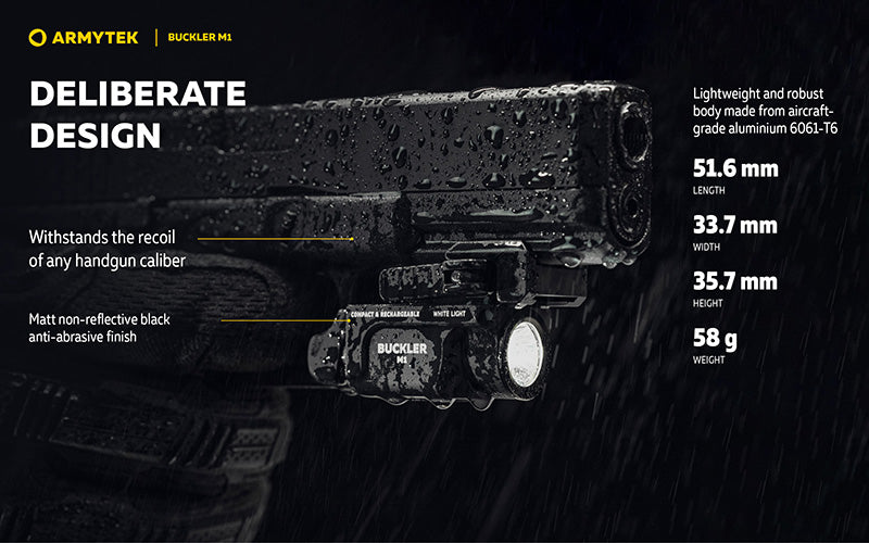 Lampe Tactique Armytek Buckler M1 700 Lumens - Montage Arme de Poing - Rechargeable Magnétique - IP67 - NYCTALOPE