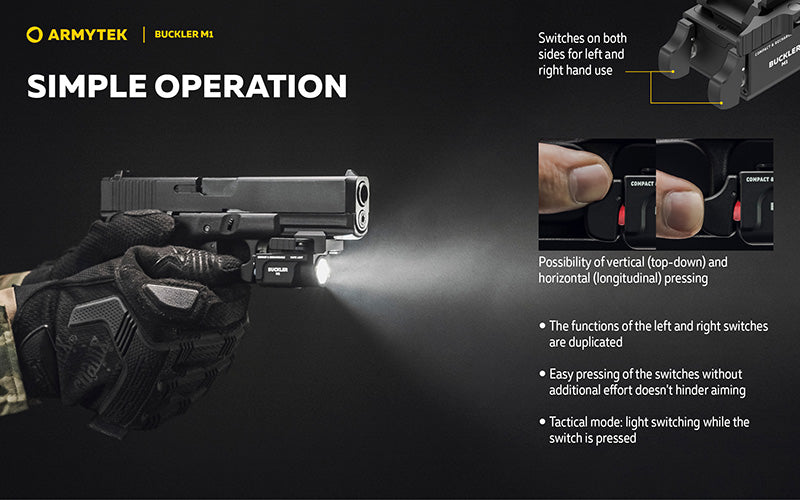 Lampe Tactique Armytek Buckler M1 700 Lumens - Montage Arme de Poing - Rechargeable Magnétique - IP67 - NYCTALOPE