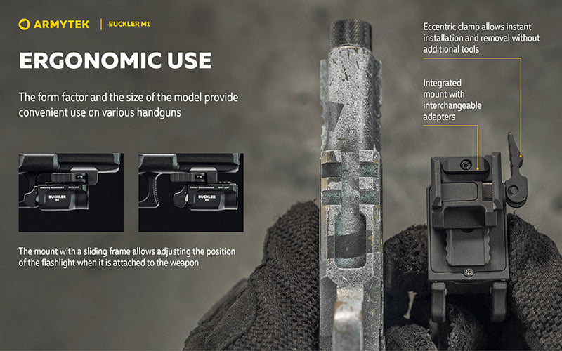 Lampe Tactique Armytek Buckler M1 700 Lumens - Montage Arme de Poing - Rechargeable Magnétique - IP67 - NYCTALOPE