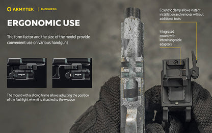 Lampe Tactique Armytek Buckler M1 700 Lumens - Montage Arme de Poing - Rechargeable Magnétique - IP67 - NYCTALOPE