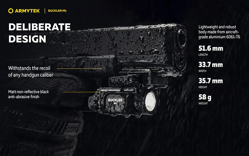 Lampe Tactique Armytek Buckler M1 700 Lumens - Montage Arme de Poing - Rechargeable Magnétique - IP67 - NYCTALOPE
