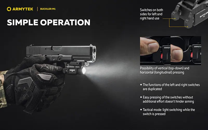 Lampe Tactique Armytek Buckler M1 700 Lumens - Montage Arme de Poing - Rechargeable Magnétique - IP67 - NYCTALOPE