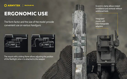 Lampe Tactique Armytek Buckler M1 700 Lumens - Montage Arme de Poing - Rechargeable Magnétique - IP67 - NYCTALOPE